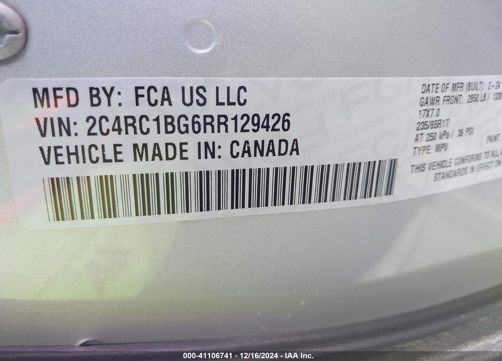 2024 CHRYSLER PACIFICA TOURING L VIN: 2C4RC1BG6RR129426