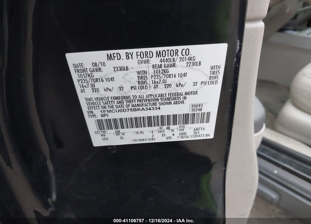 2011 FORD ESCAPE XLT VIN: 1FMCU0D75BKA34334