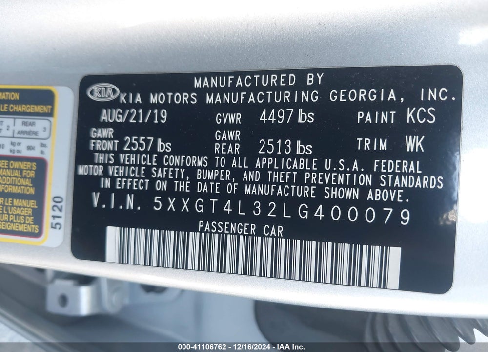 2020 KIA OPTIMA LX VIN: 5XXGT4L32LG400079