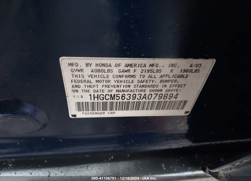 2003 HONDA ACCORD 2.4 LX VIN: 1HGCM56393A079894