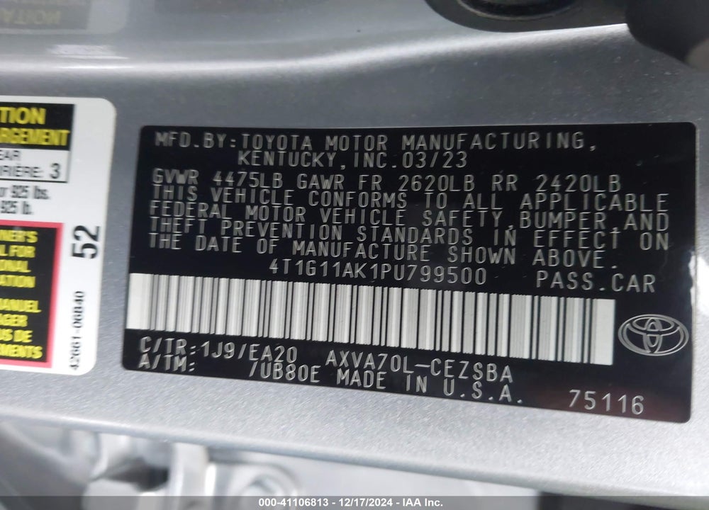 2023 TOYOTA CAMRY SE VIN: 4T1G11AK1PU799500