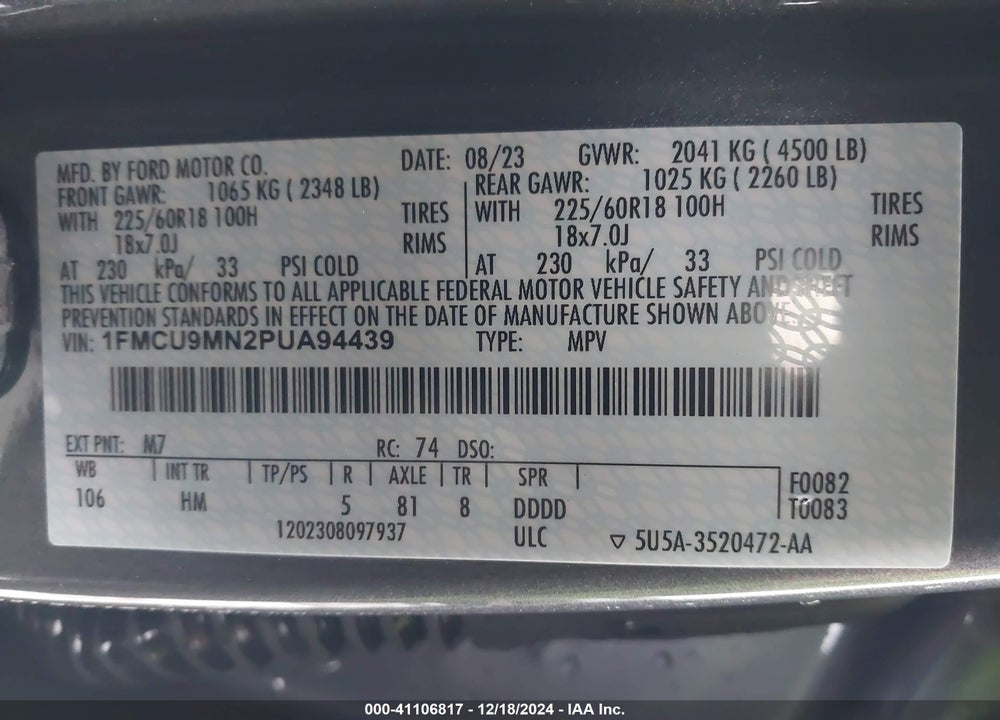 2023 FORD ESCAPE ST LINE VIN: 1FMCU9MN2PUA94439