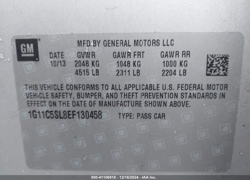 2014 CHEVROLET MALIBU 1LT VIN: 1G11C5SL8EF130458