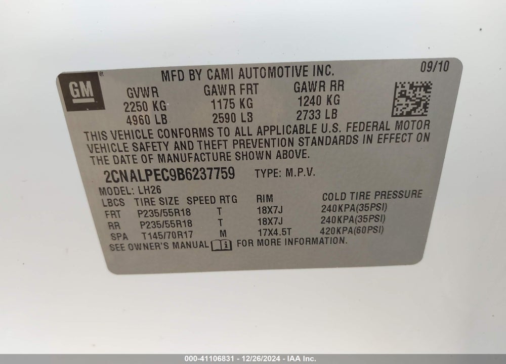 2011 CHEVROLET EQUINOX 2LT VIN: 2CNALPEC9B6237759