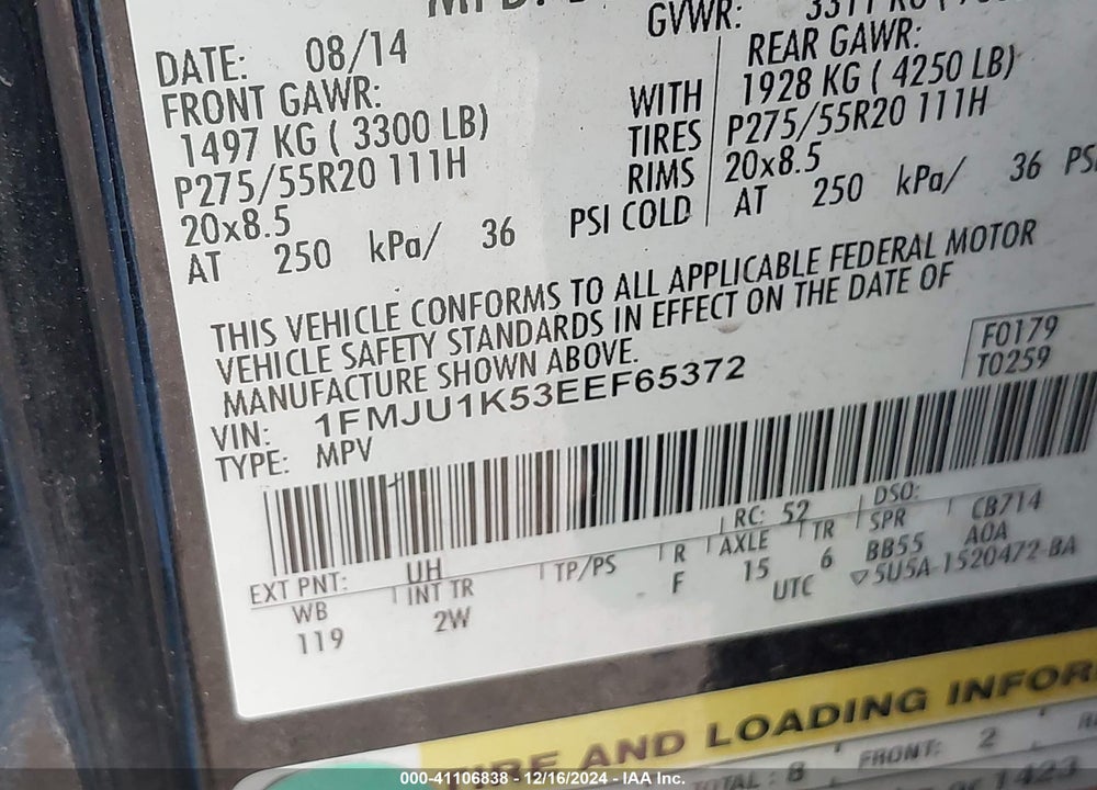 2014 FORD EXPEDITION LIMITED VIN: 1FMJU1K53EEF65372