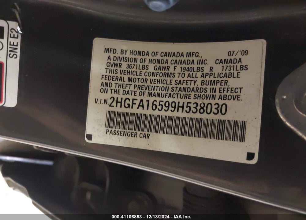 2009 HONDA CIVIC LX VIN: 2HGFA16599H538030