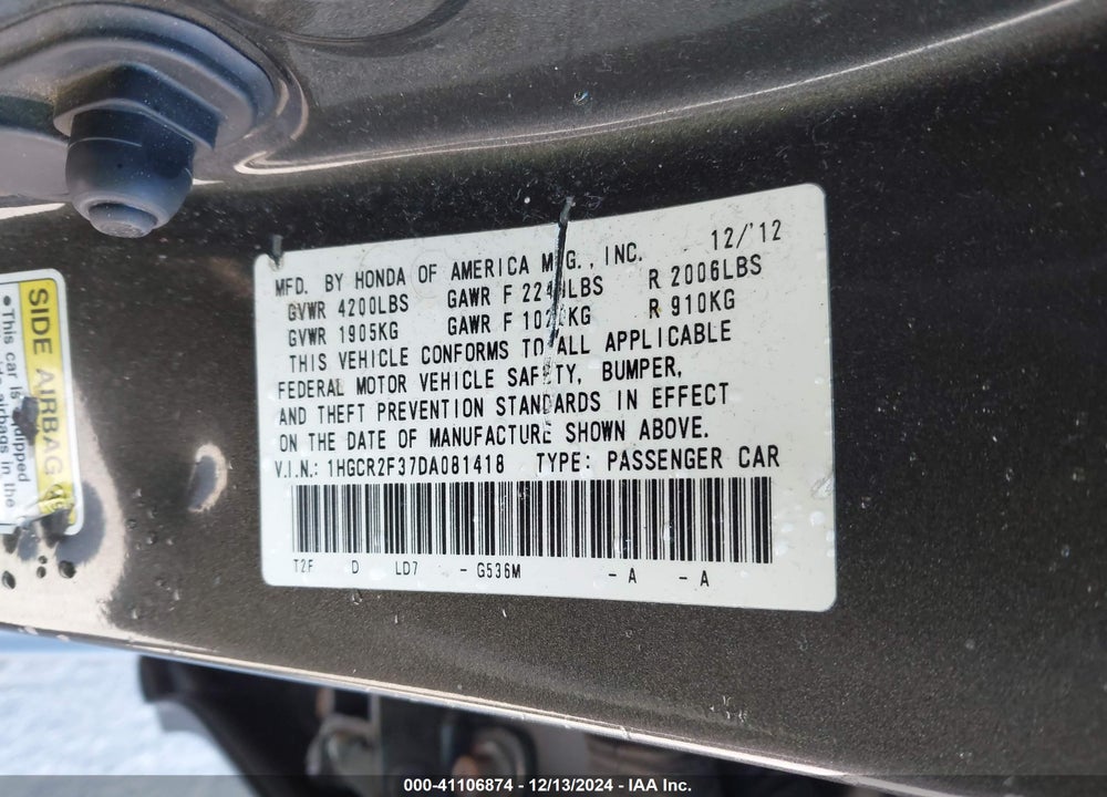 2013 HONDA ACCORD LX VIN: 1HGCR2F37DA081418