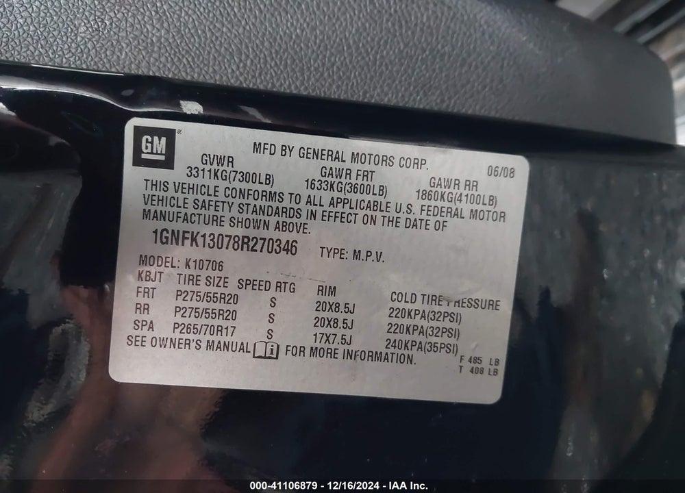 2008 CHEVROLET TAHOE LTZ VIN: 1GNFK13078R270346