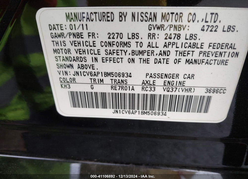 2011 INFINITI G37 JOURNEY VIN: JN1CV6AP1BM506934