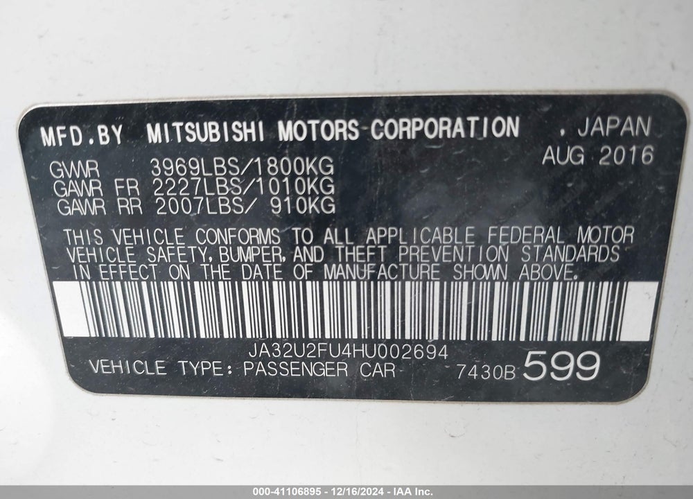 2017 MITSUBISHI LANCER VIN: JA32U2FU4HU002694