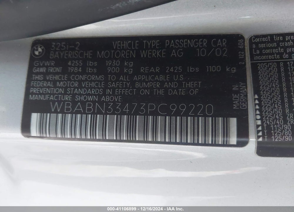 2003 BMW 325CI VIN: WBABN33473PC99220