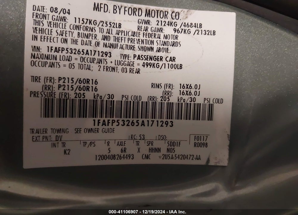 2005 FORD TAURUS SE VIN: 1FAFP53265A171293