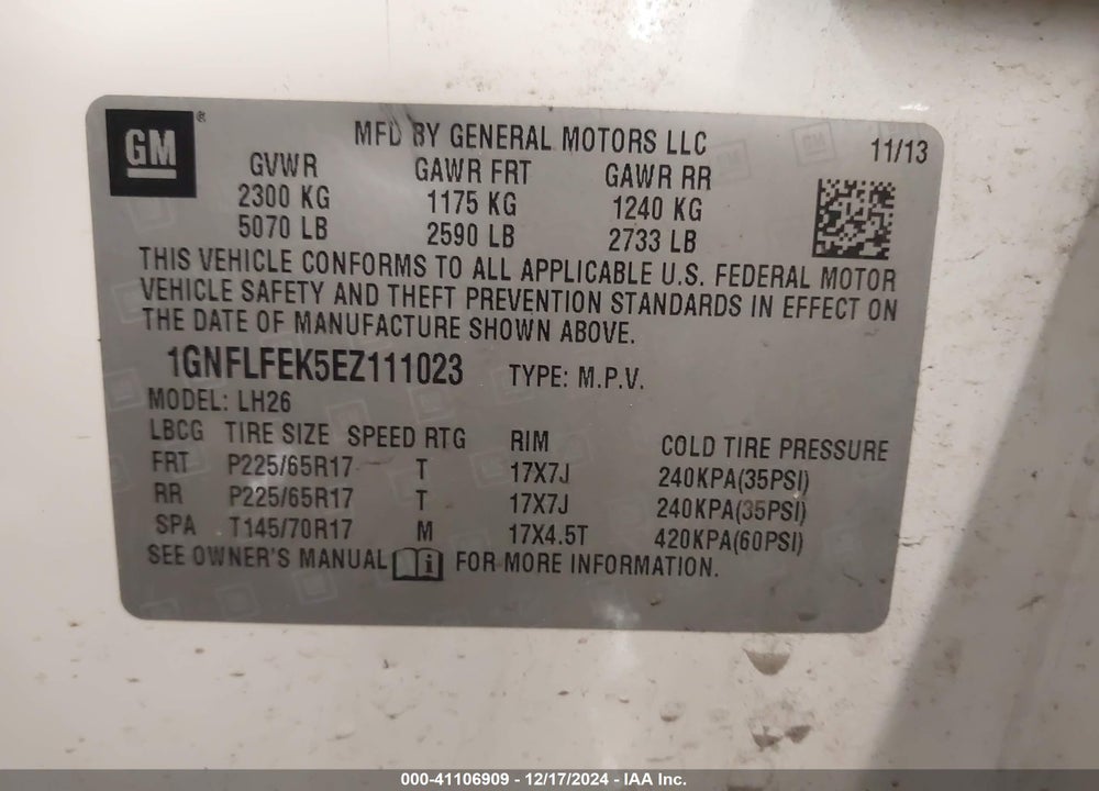 2014 CHEVROLET EQUINOX 1LT VIN: 1GNFLFEK5EZ111023