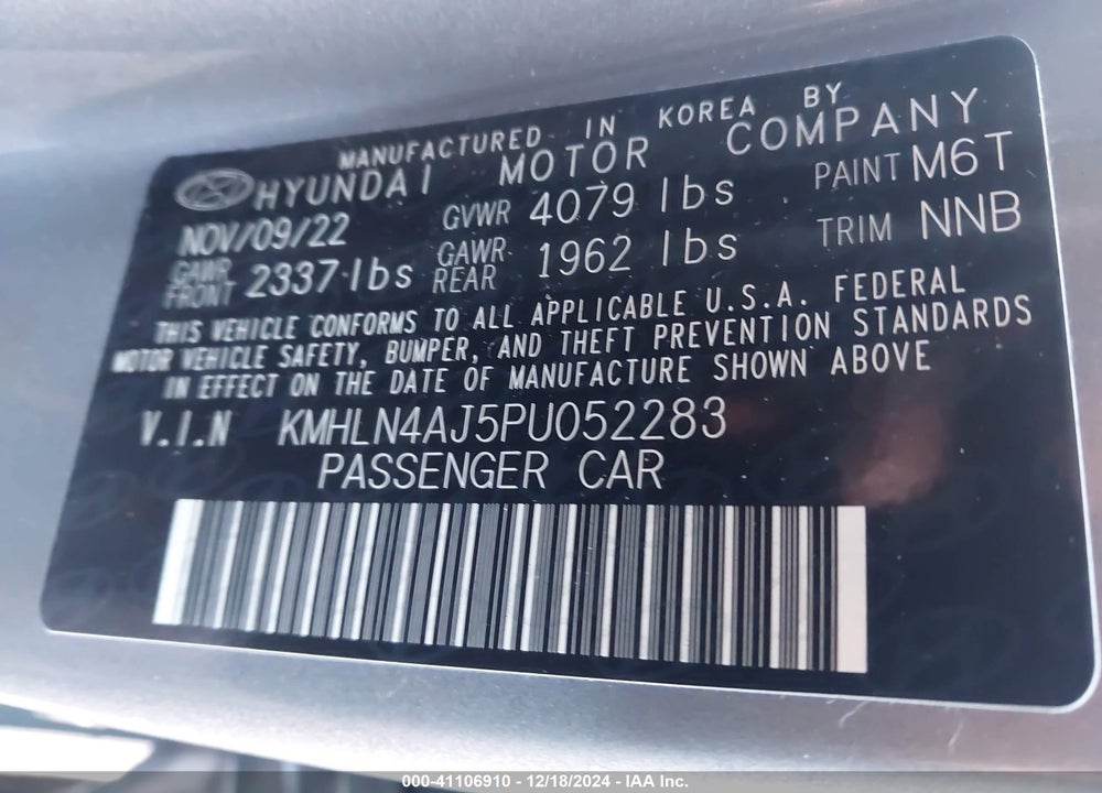 2023 HYUNDAI ELANTRA HYBRID LIMITED VIN: KMHLN4AJ5PU052283