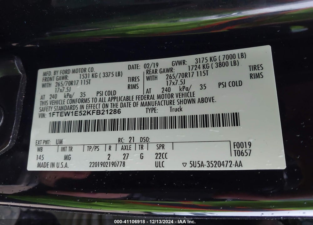 2019 FORD F-150 XLT VIN: 1FTEW1E52KFB21286