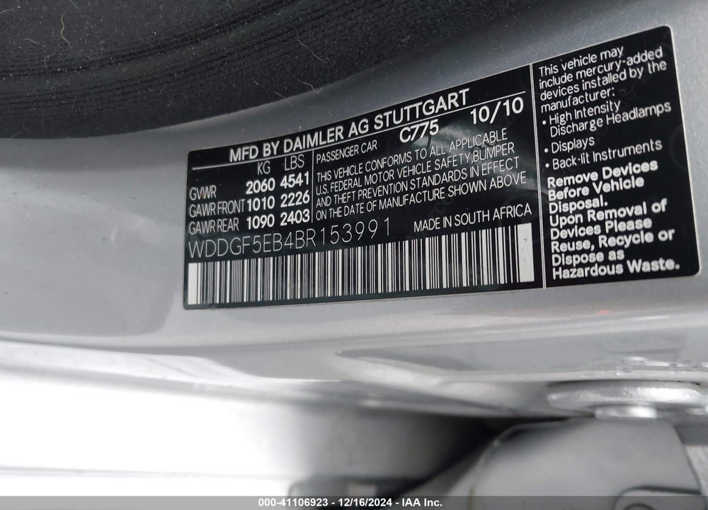 2011 MERCEDES-BENZ C 300 VIN: WDDGF5EB4BR153991