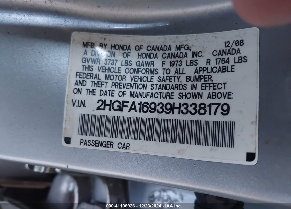 2009 HONDA CIVIC EX-L VIN: 2HGFA16939H338179