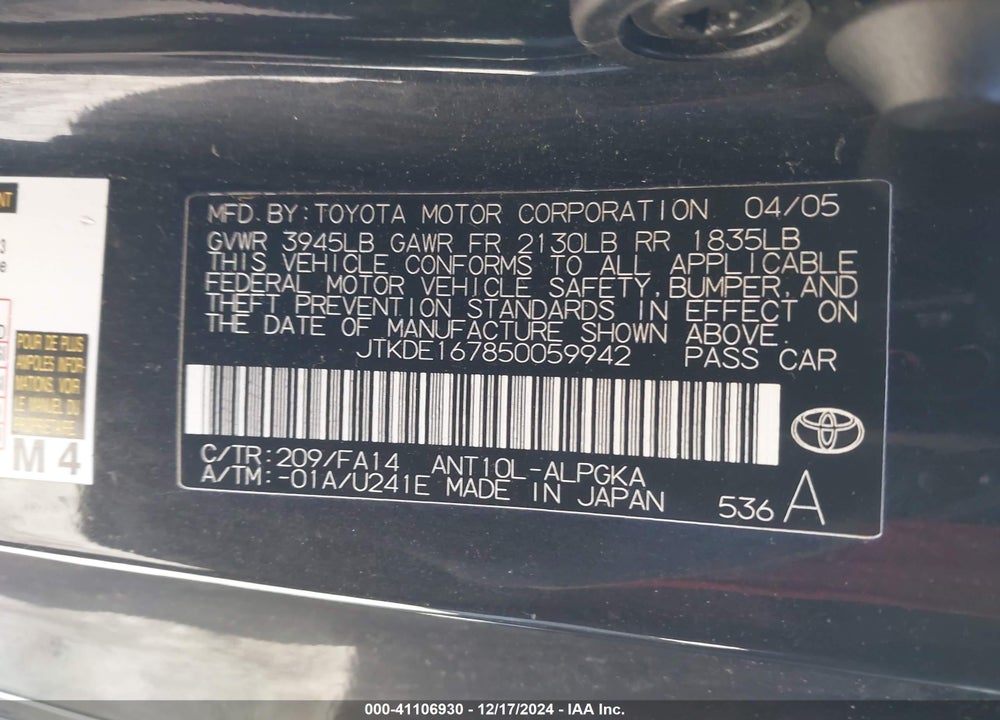 2005 SCION TC VIN: JTKDE167850059942