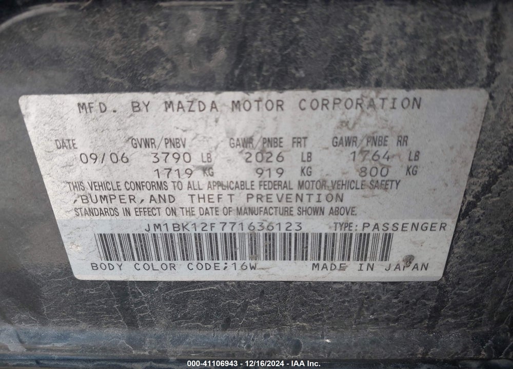2007 MAZDA 3 I VIN: JM1BK12F771636123