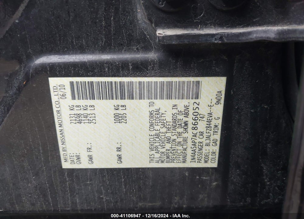 2010 NISSAN MAXIMA 3.5 SV VIN: 1N4AA5AP7AC866052