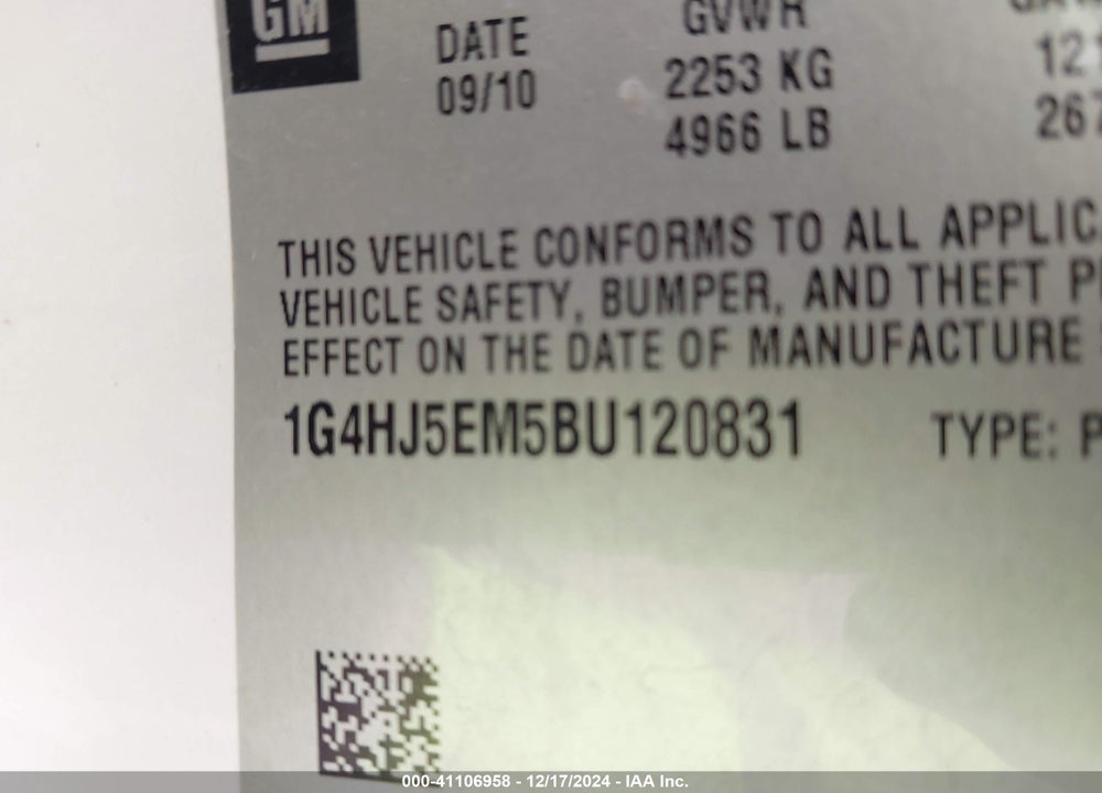 2011 BUICK LUCERNE CXL PREMIUM VIN: 1G4HJ5EM5BU120831