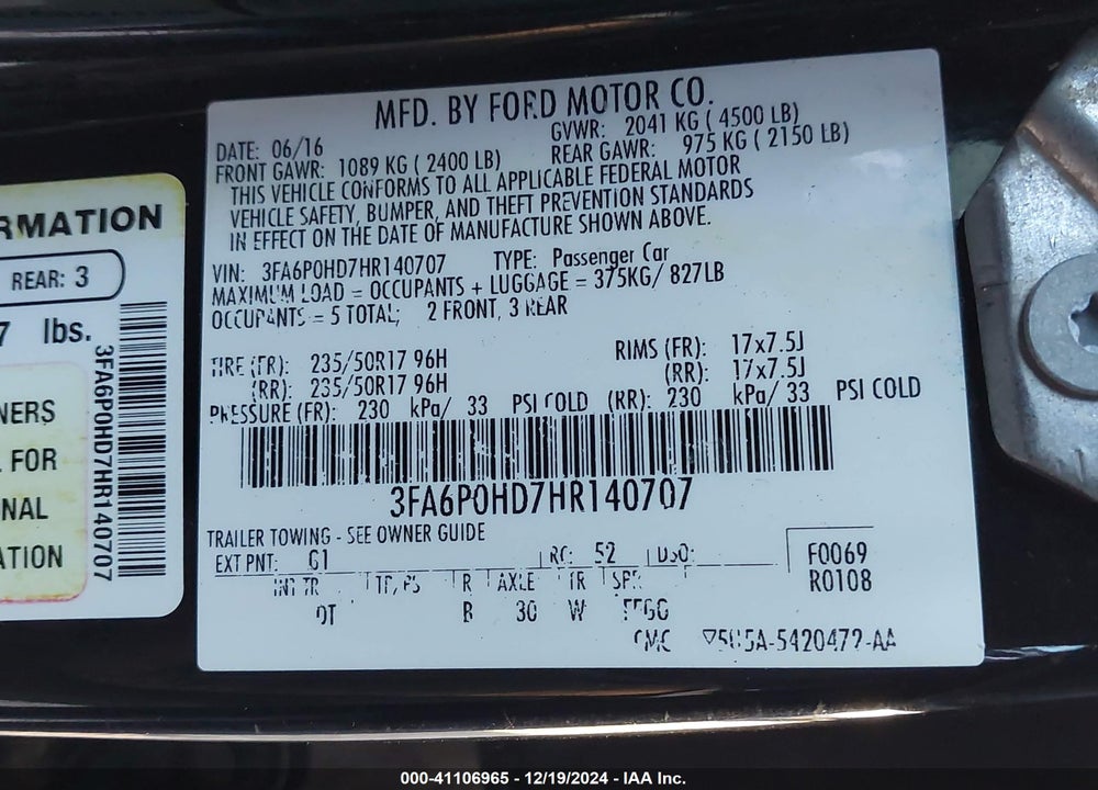 2017 FORD FUSION VIN: 3FA6P0HD7HR140707