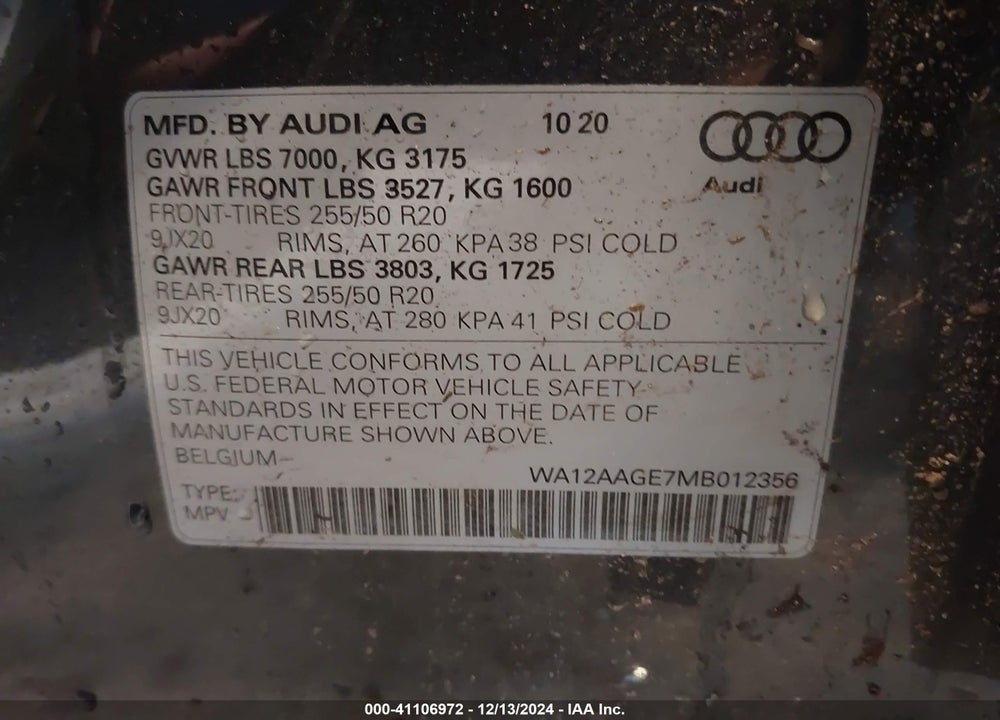 2021 AUDI E-TRON SPORTBACK PREMIUM PLUS QUATTRO VIN: WA12AAGE7MB012356