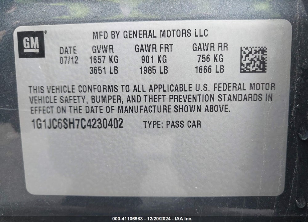 2012 CHEVROLET SONIC 2LT VIN: 1G1JC6SH7C4230402