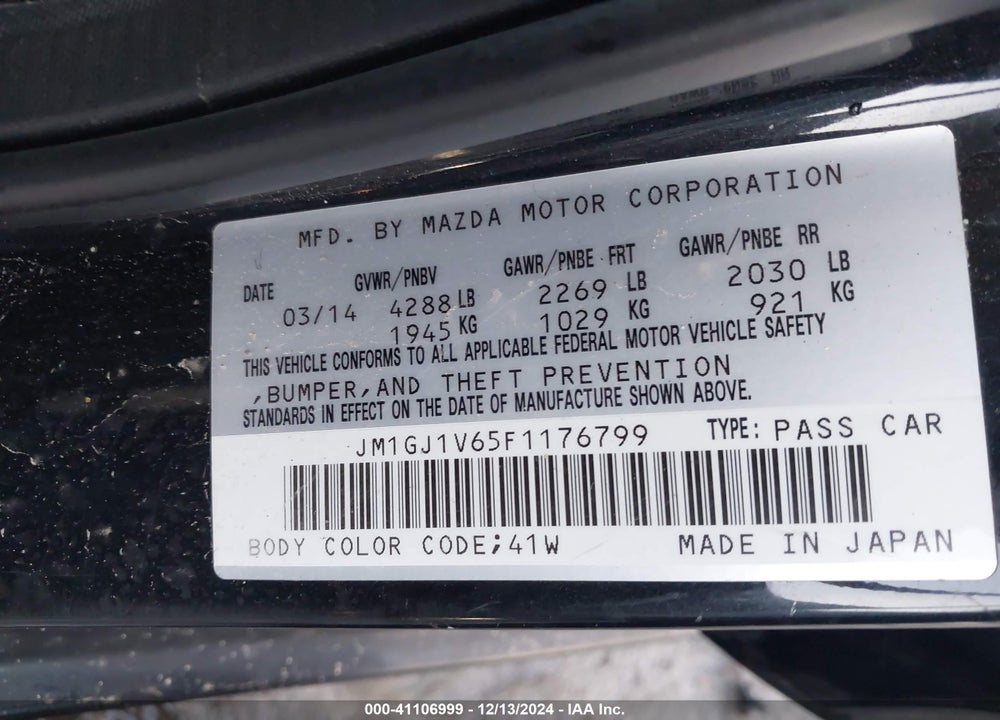 2015 MAZDA 6 I TOURING VIN: JM1GJ1V65F1176799