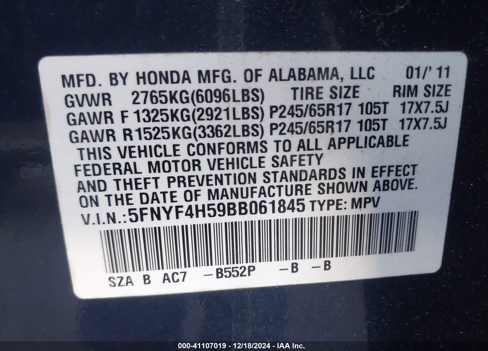 2011 HONDA PILOT EX-L VIN: 5FNYF4H59BB061845