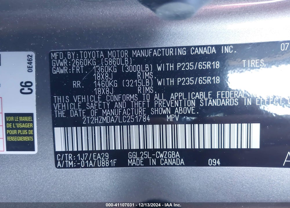 2020 LEXUS RX 350 VIN: 2T2HZMDA7LC251784