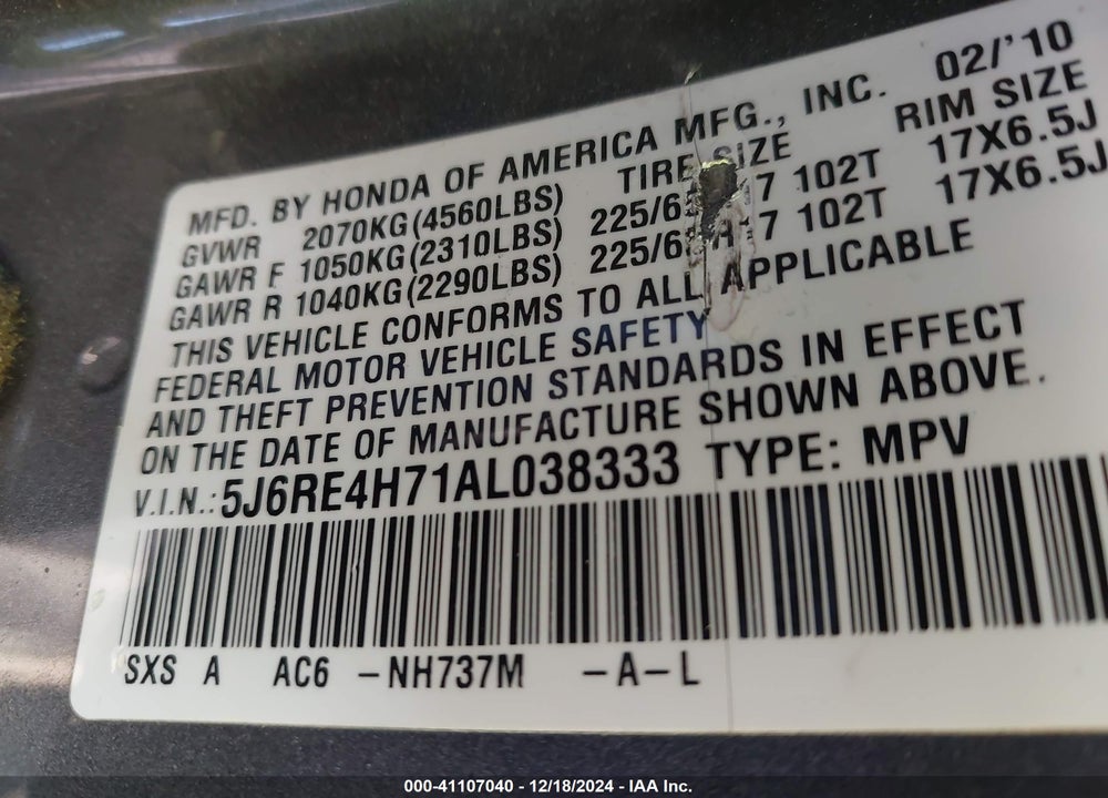 2010 HONDA CR-V EX-L VIN: 5J6RE4H71AL038333