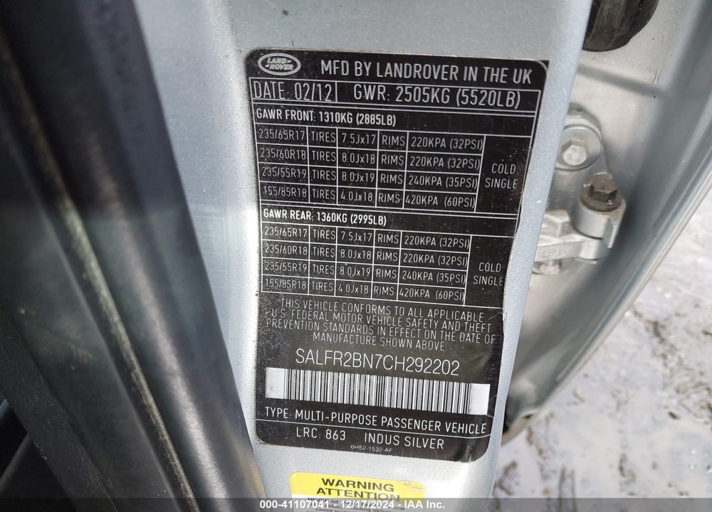 2012 LAND ROVER LR2 VIN: SALFR2BN7CH292202