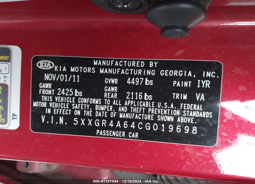 2012 KIA OPTIMA SX VIN: 5XXGR4A64CG019698