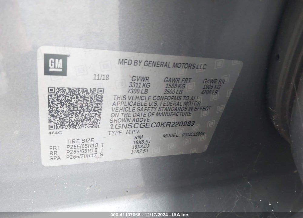 2019 CHEVROLET SUBURBAN LS VIN: 1GNSCGEC0KR220983
