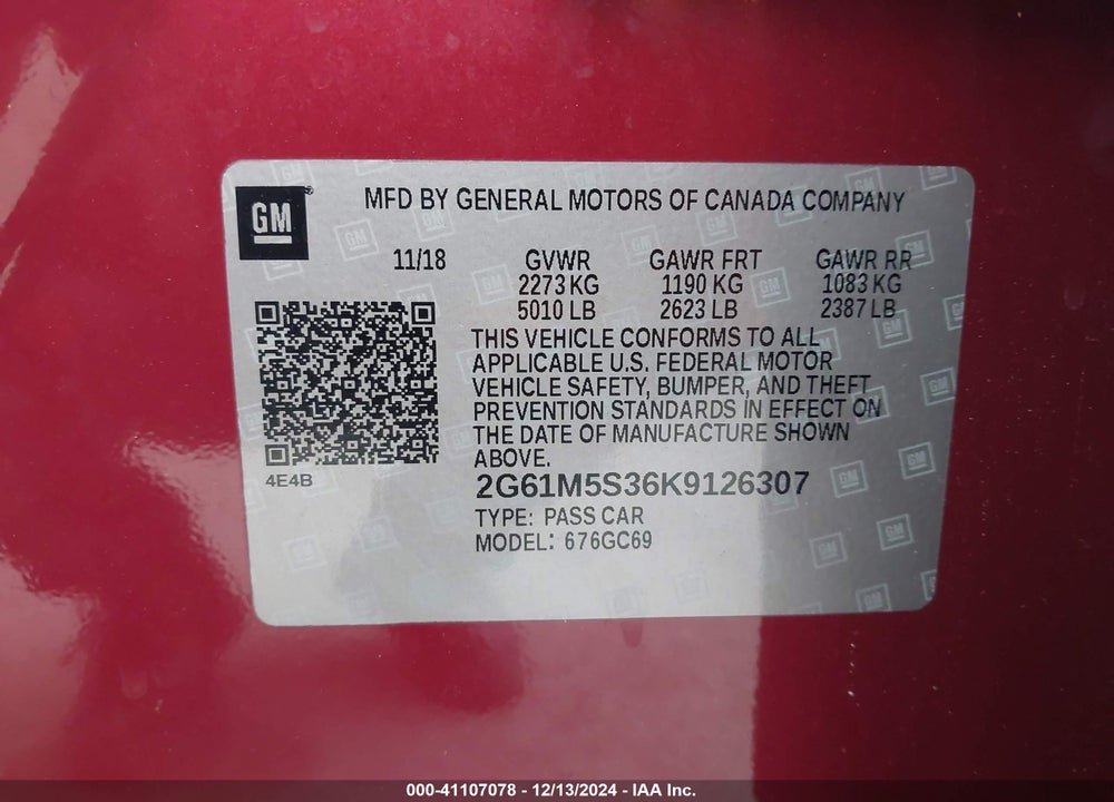2019 CADILLAC XTS LUXURY VIN: 2G61M5S36K9126307