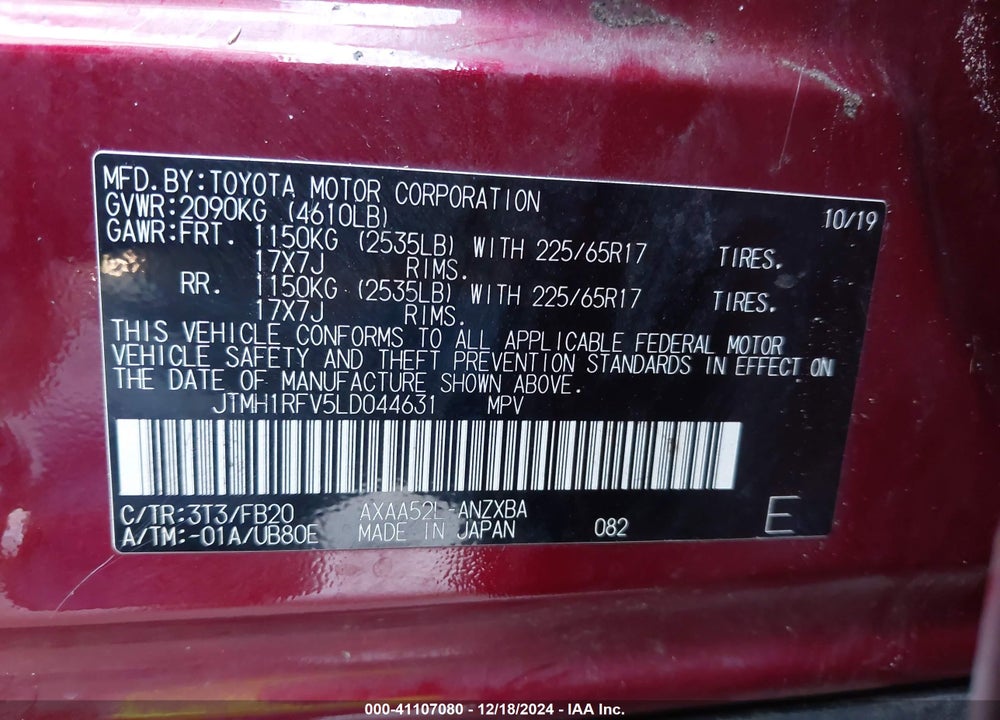 2020 TOYOTA RAV4 LE VIN: JTMH1RFV5LD044631