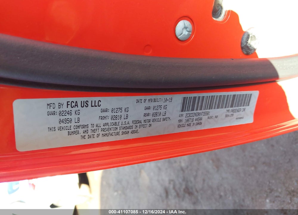 2019 DODGE CHALLENGER VIN: 2C3CDZAG9KH735581