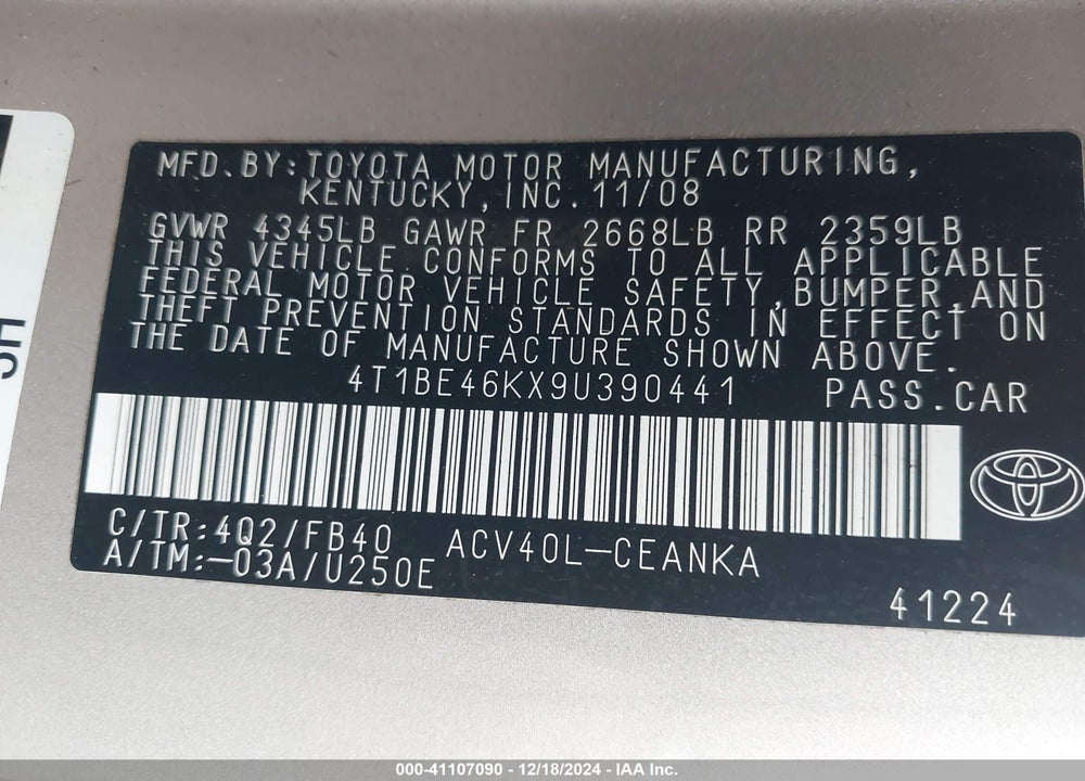 2009 TOYOTA CAMRY LE VIN: 4T1BE46KX9U390441