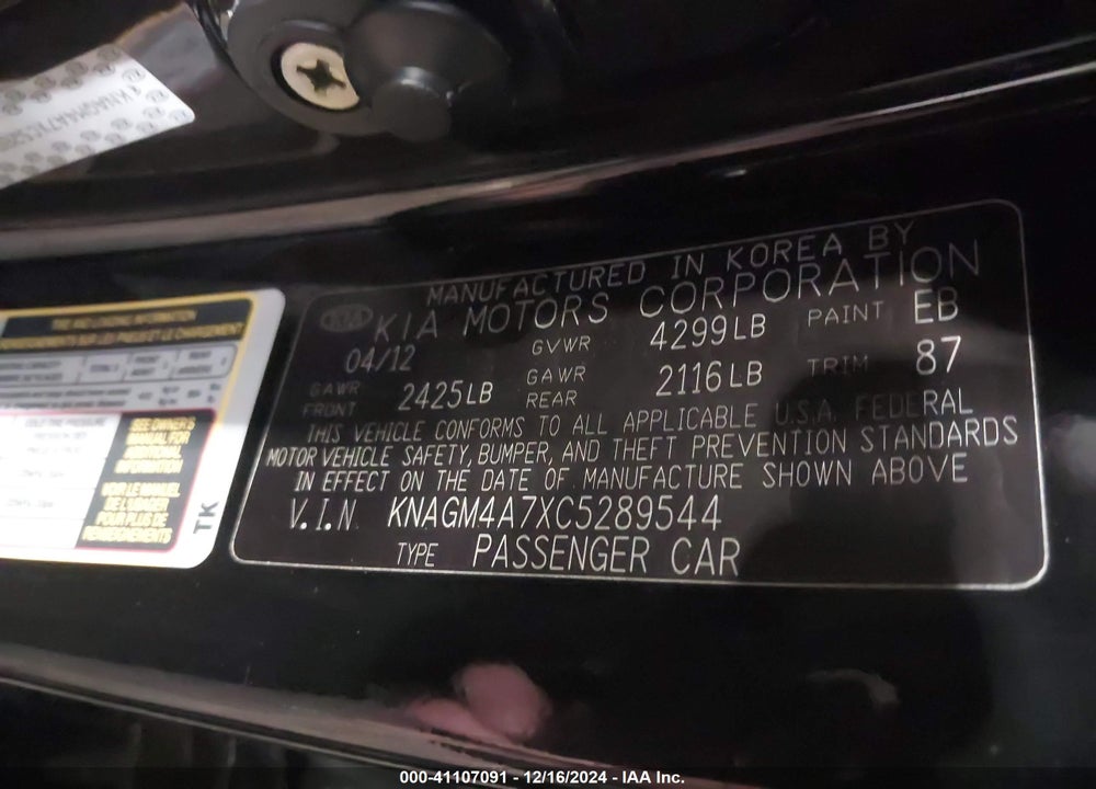 2012 KIA OPTIMA LX VIN: KNAGM4A7XC5289544