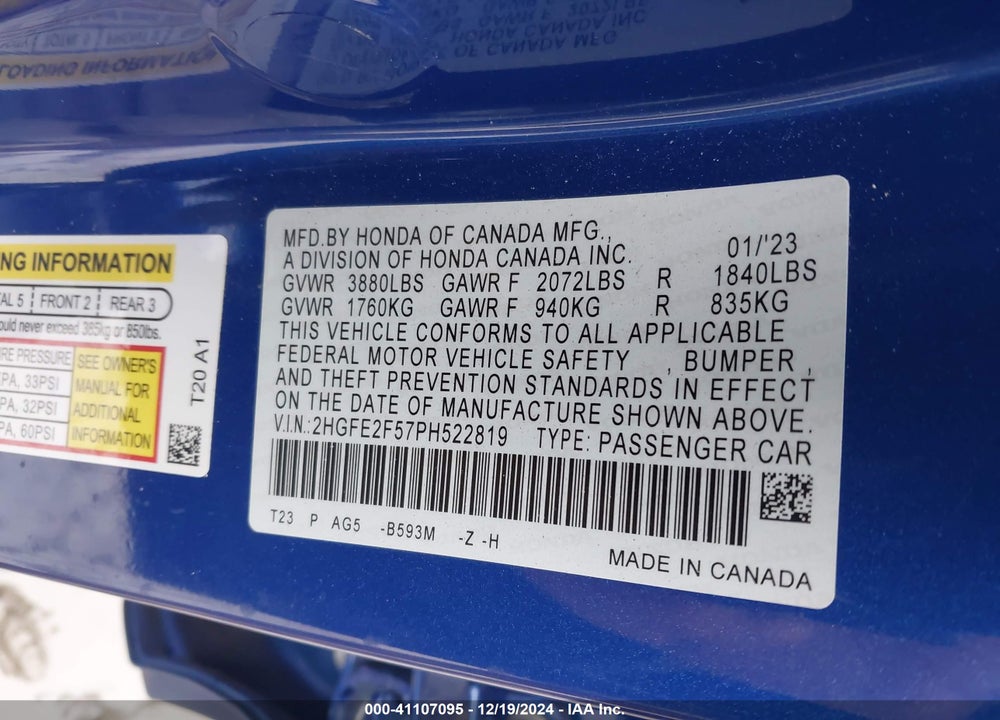 2023 HONDA CIVIC SPORT VIN: 2HGFE2F57PH522819