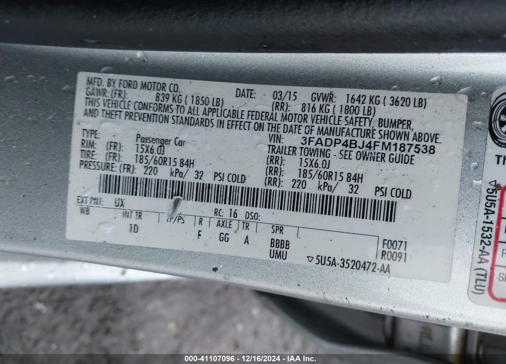 2015 FORD FIESTA SE VIN: 3FADP4BJ4FM187538
