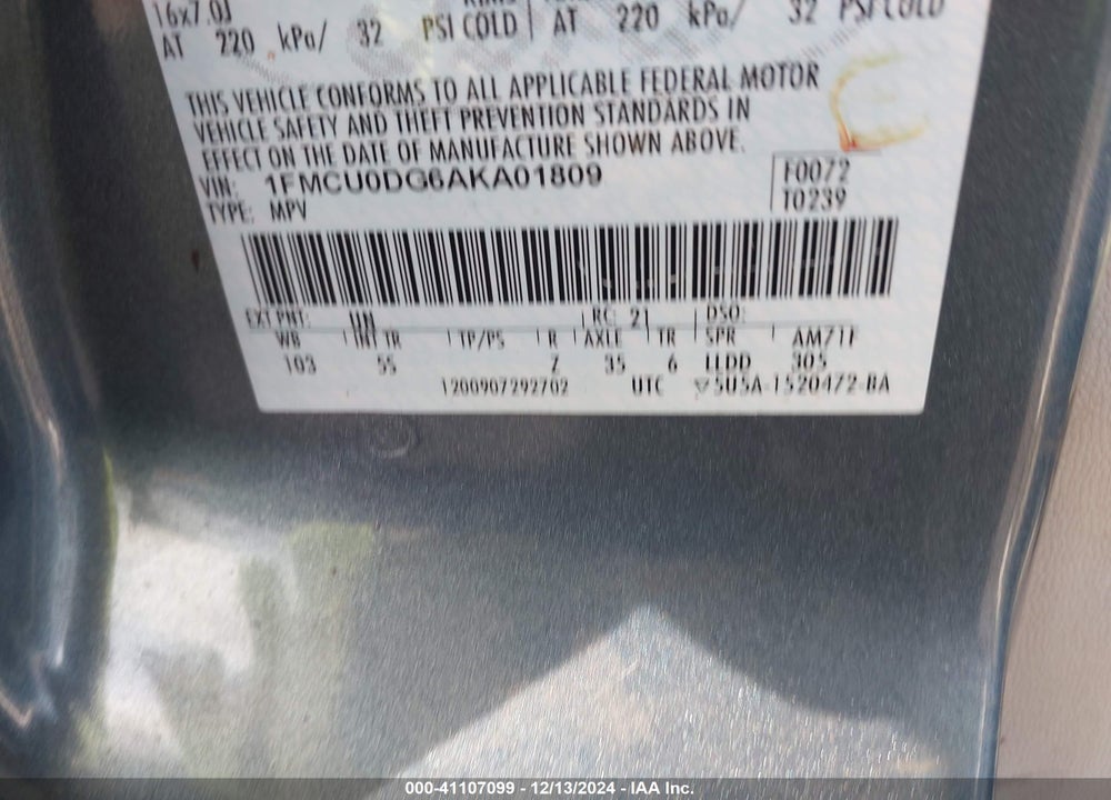 2010 FORD ESCAPE XLT VIN: 1FMCU0DG6AKA01809