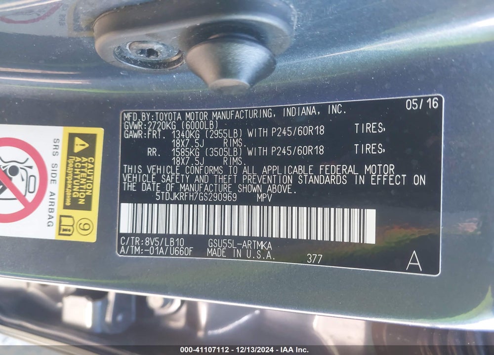 2016 TOYOTA HIGHLANDER XLE V6 VIN: 5TDJKRFH7GS290969