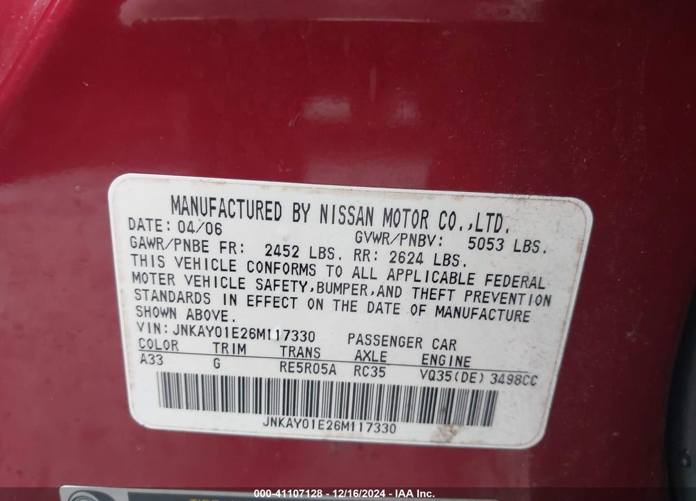 2006 INFINITI M35 VIN: JNKAY01E26M117330