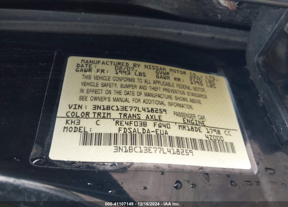 2007 NISSAN VERSA 1.8S VIN: 3N1BC13E77L418259