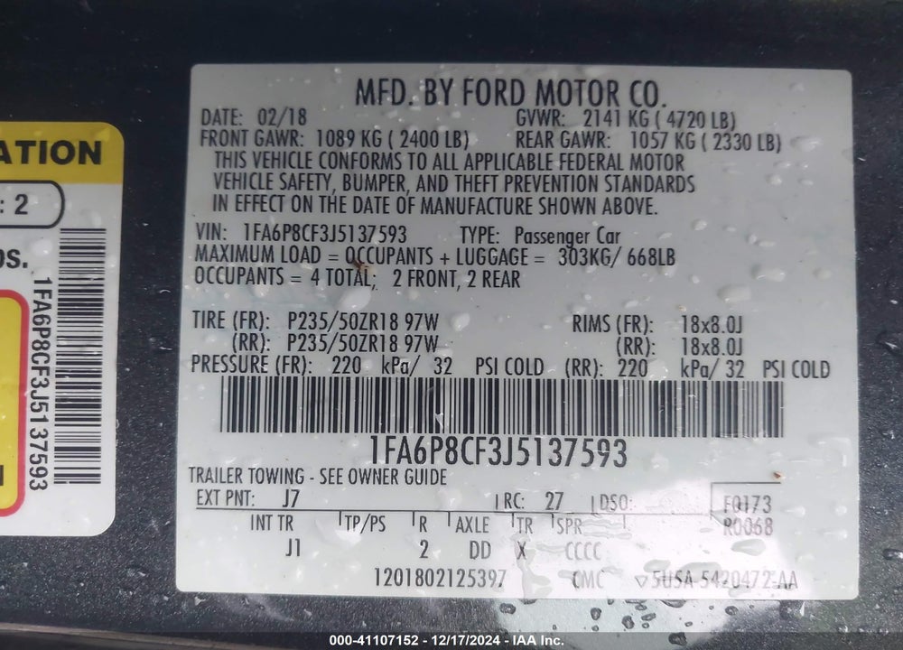 2018 FORD MUSTANG VIN: 1FA6P8CF3J5137593