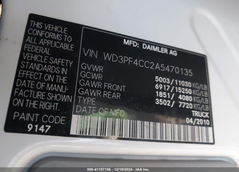 2010 MERCEDES-BENZ SPRINTER CARGO VANS HIGH ROOF VIN: WD3PF4CC2A5470135