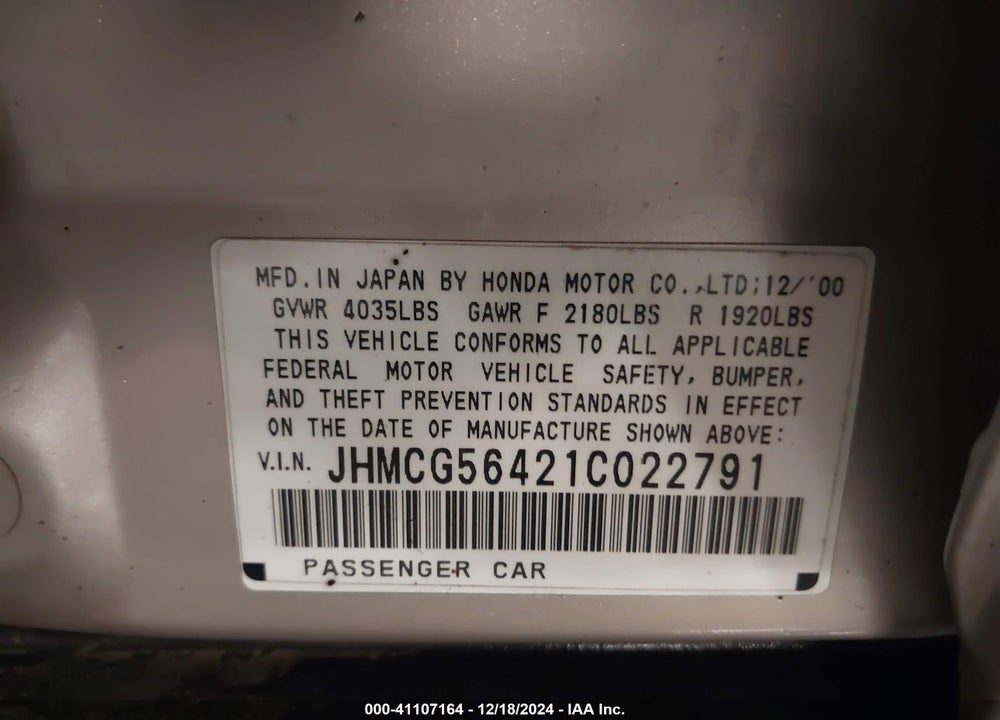 2001 HONDA ACCORD 2.3 LX VIN: JHMCG56421C022791