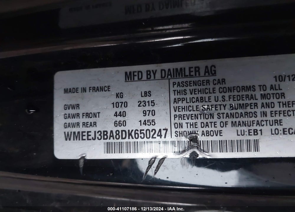 2013 SMART FORTWO PASSION/PURE VIN: WMEEJ3BA8DK650247